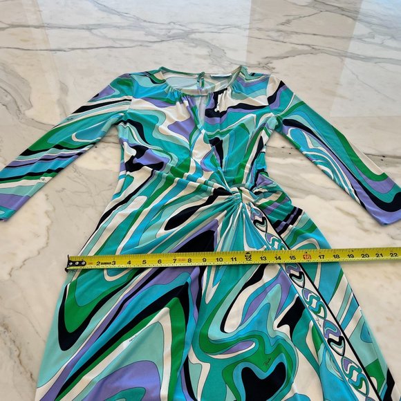 EMILIO PUCCI BLUE MULTI SILK FAUX WRAP ENAMEL BUCKLE DRESS MODEL 72RH25 SIZE IT - Picture 7 of 17